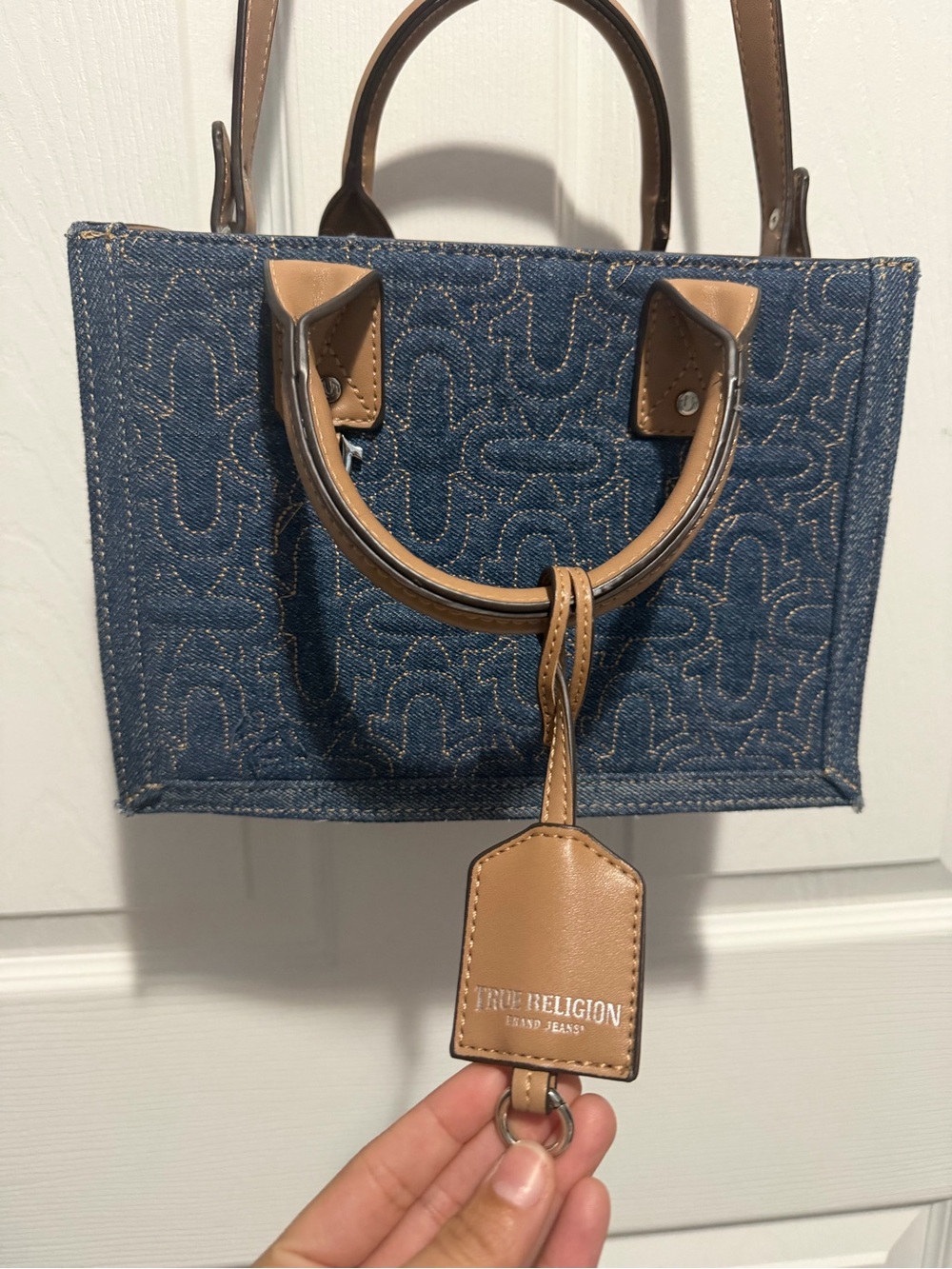 True Religion Blue Denim Mini Tote with Tan Leather Trim